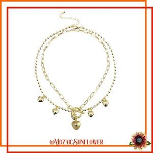 Gold Double Chain Choker With Heart Charms Toggle Clasp